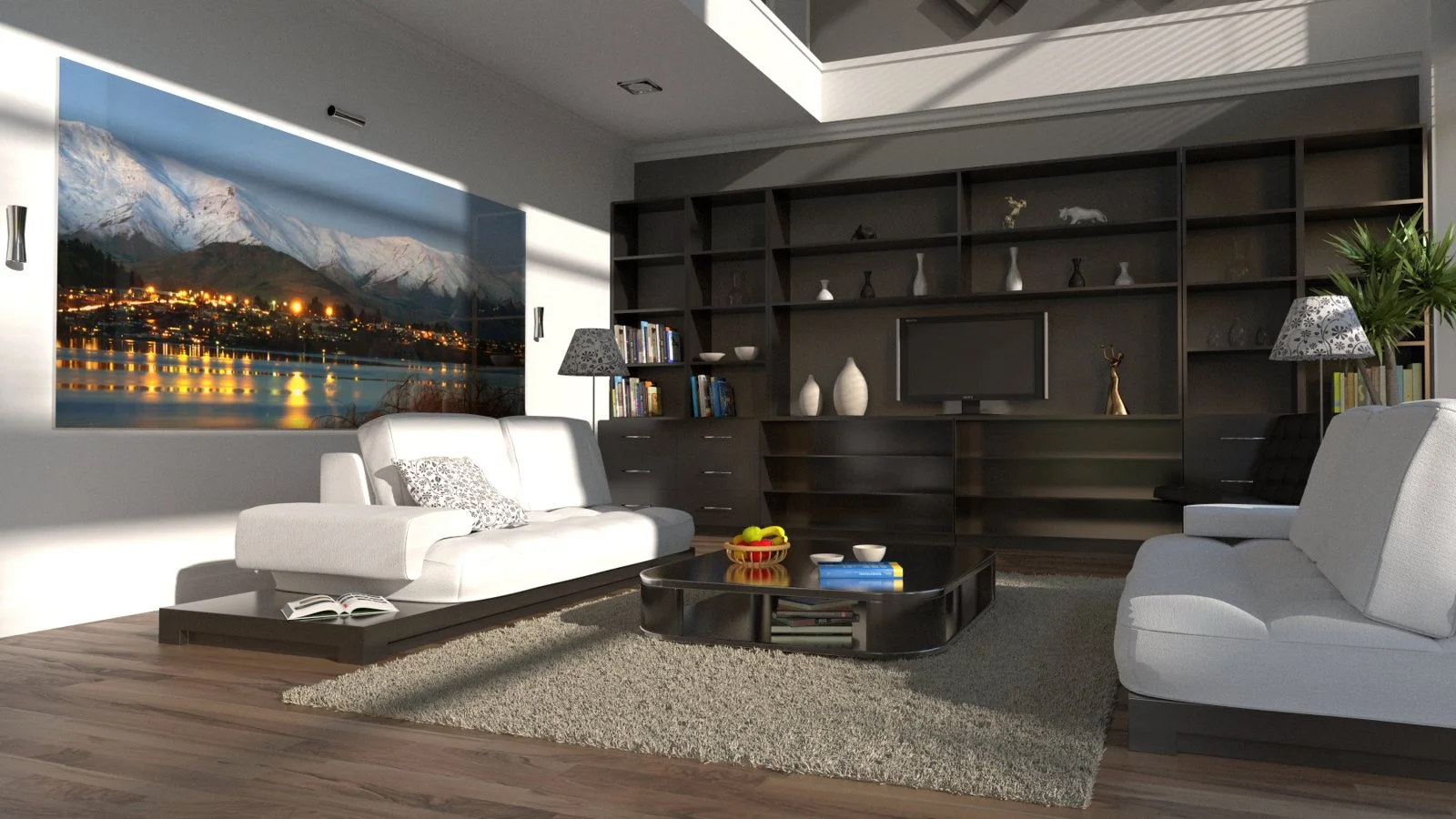 Fotorealistický 3D render moderného obývacích prostoru s tepělým osvětlením, současným nábytkem a přirozenými materiály